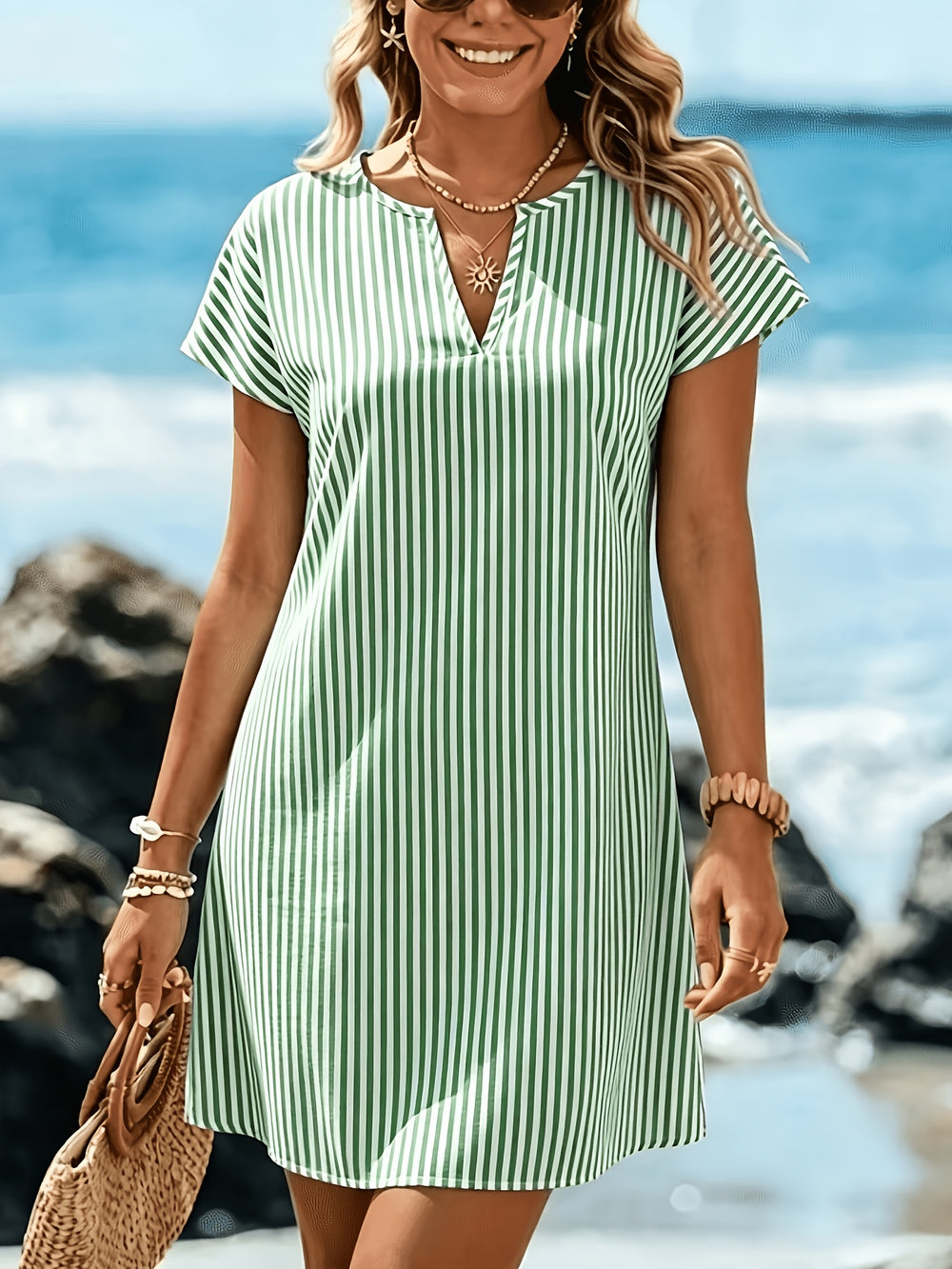 STRIPED V-NECK A-LINE DRESS FOR WOMEN