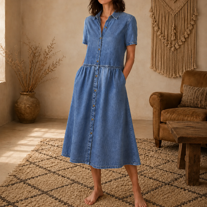 Valentine | A-Line Button-Front Midi Shirt Dress with Pockets
