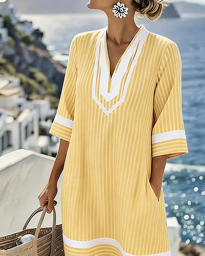Yvette | Striped V-Neck Shift Dress with Short Sleeves and Pockets for Women