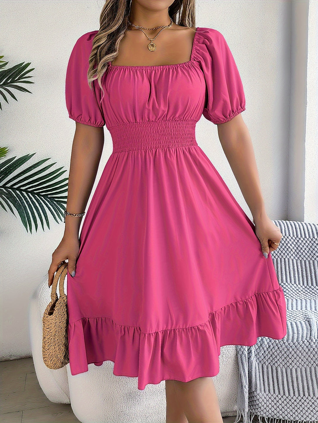 SQUARE NECK RUFFLE HEM DRESS FOR WOMEN