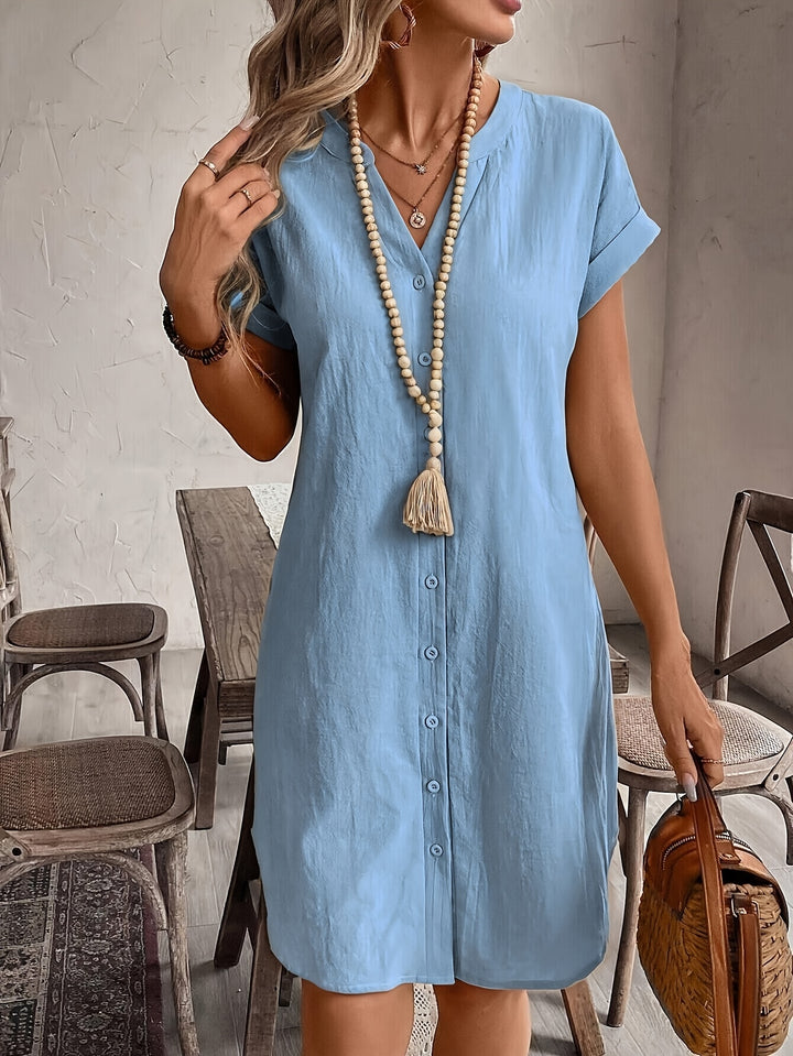 BUTTON-FRONT V-NECK MIDI DRESS FOR WOMEN