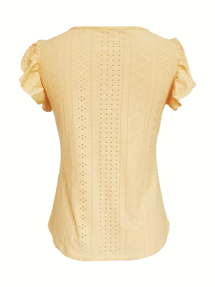 EYELET BUTTON FRONT BLOUSE FOR WOMEN