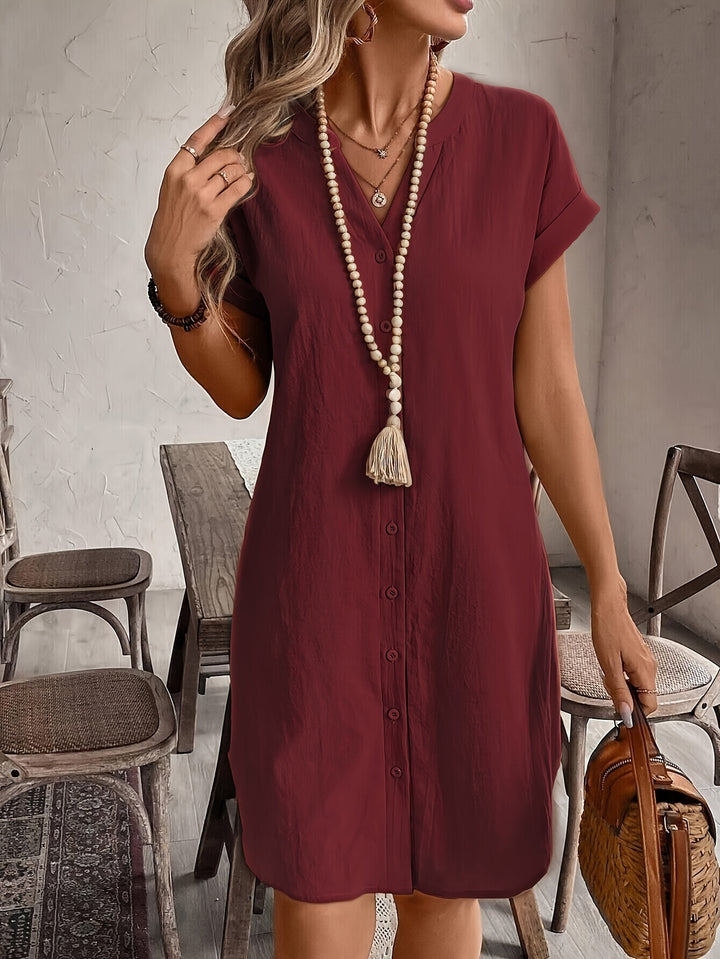 BUTTON-FRONT V-NECK MIDI DRESS FOR WOMEN