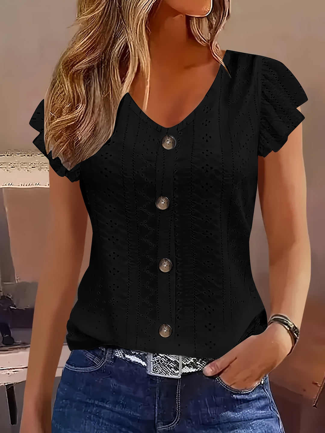 EYELET BUTTON FRONT BLOUSE FOR WOMEN