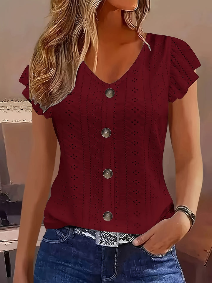 EYELET BUTTON FRONT BLOUSE FOR WOMEN