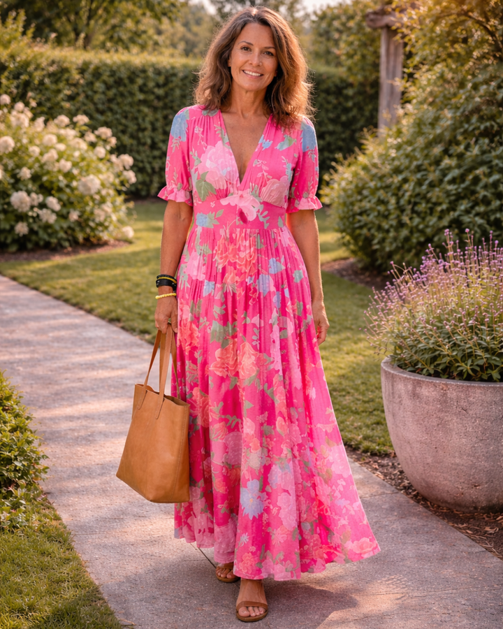 Sabina | Floral V-Neck Sleeveless Midi Dress with Flowy Skirt for Women