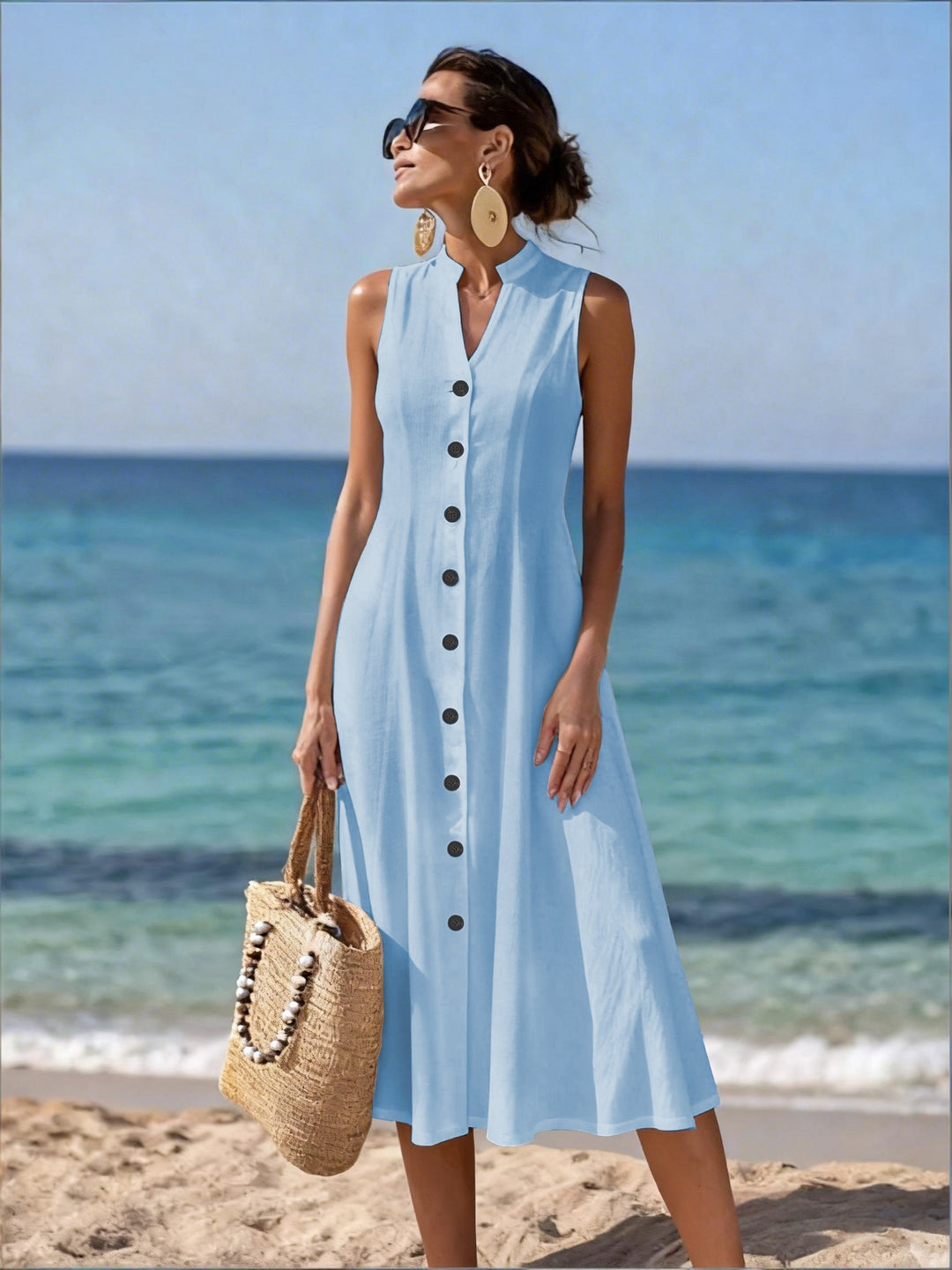BUTTON-FRONT V-NECK MAXI DRESS FOR WOMEN