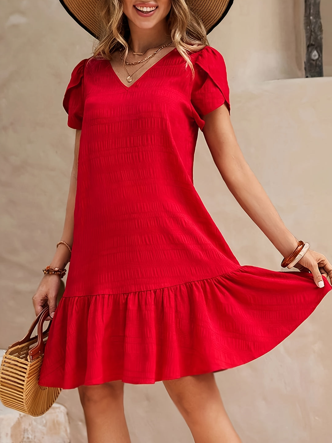 RUFFLE HEM V-NECK DRESS FOR WOMEN