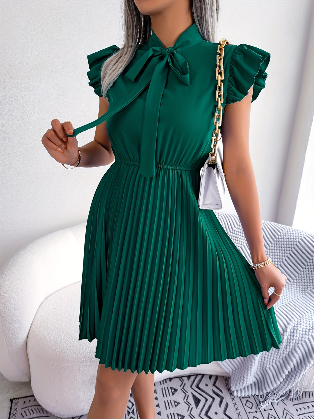 BOW-TIE PLEATED DRESS FOR WOMEN