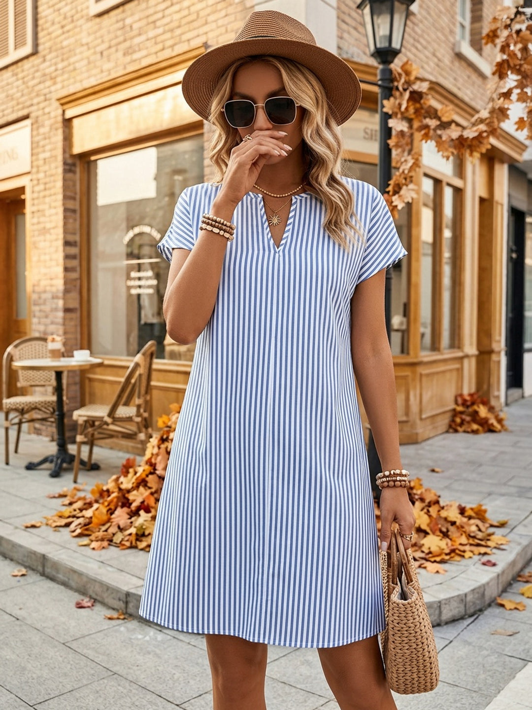STRIPED V-NECK A-LINE DRESS FOR WOMEN