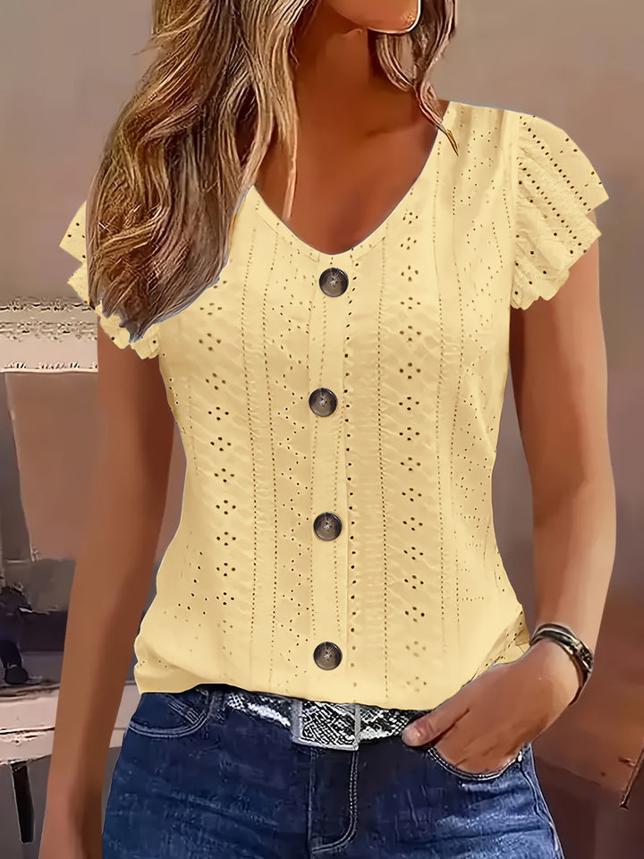 EYELET BUTTON FRONT BLOUSE FOR WOMEN