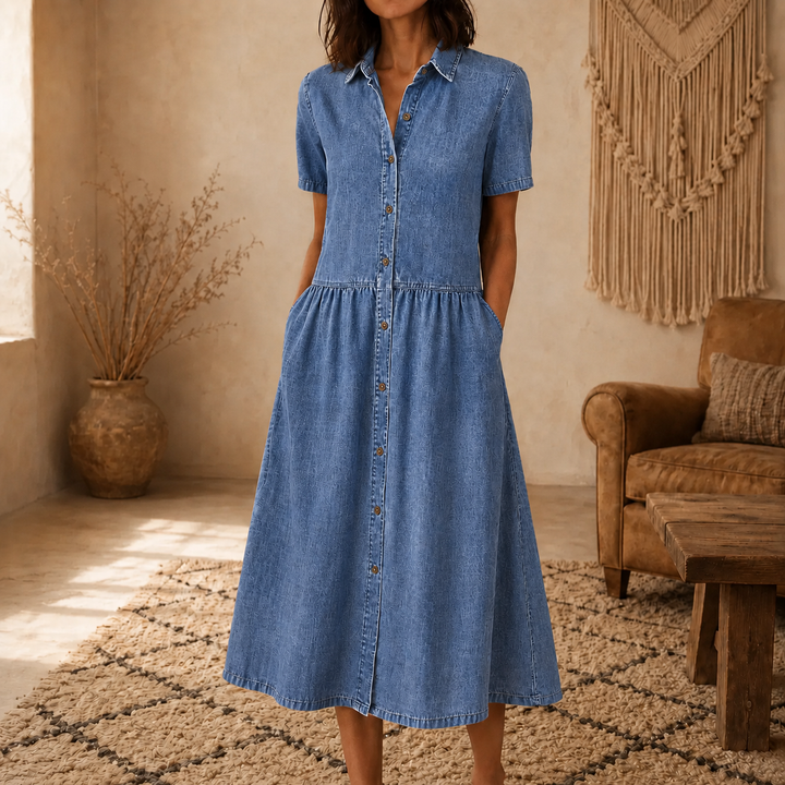 Valentine | A-Line Button-Front Midi Shirt Dress with Pockets