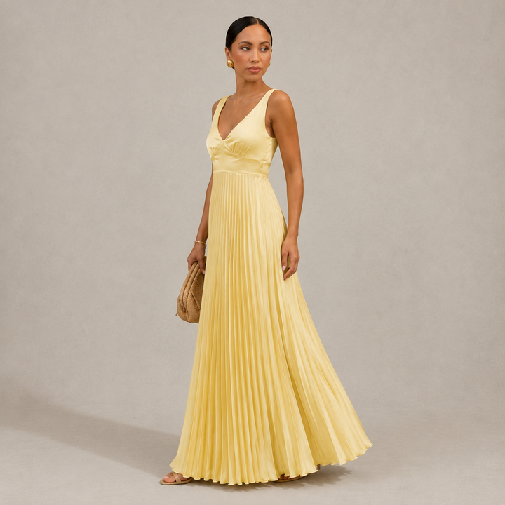PLEATED V-NECK MAXI DRESS FOR WOMEN