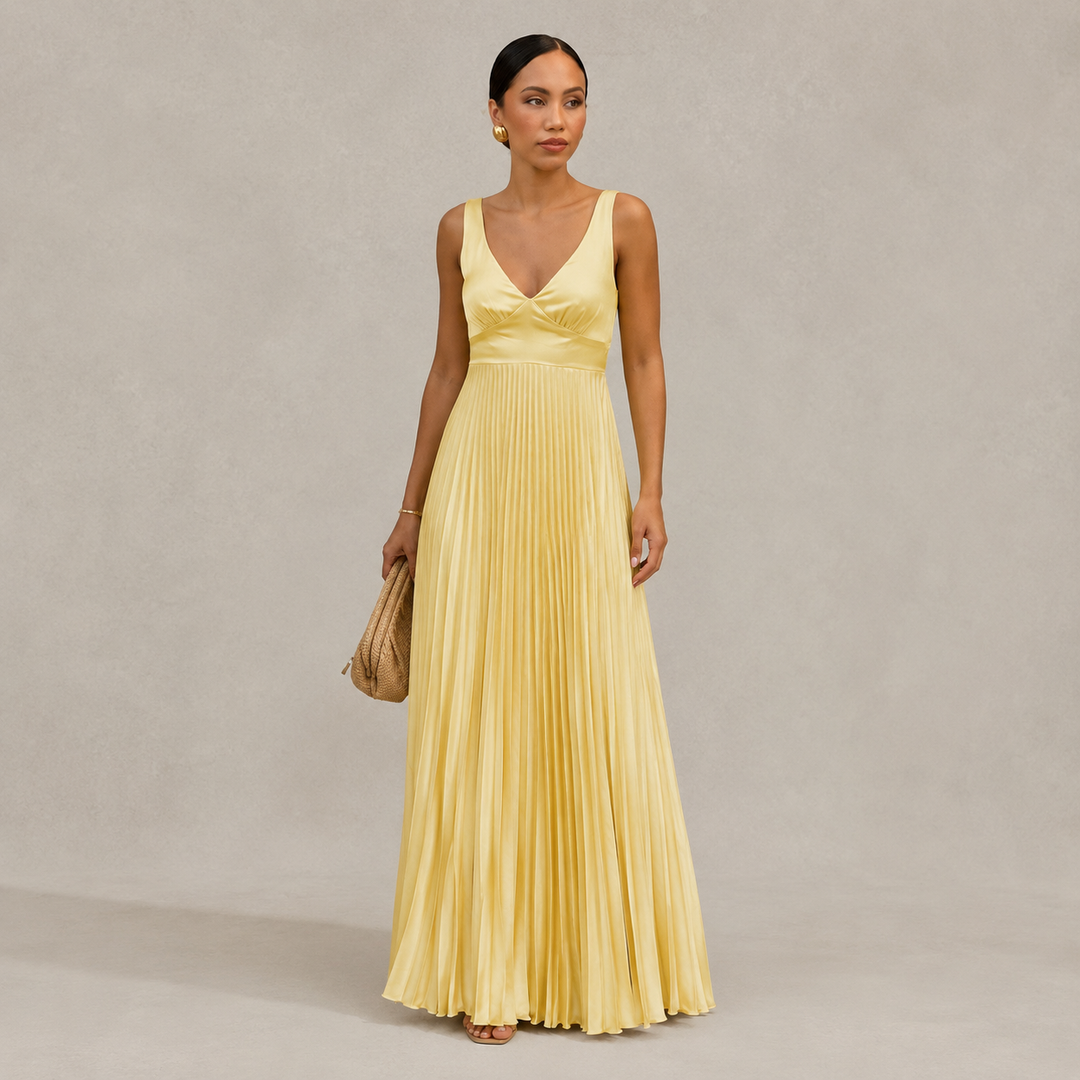 PLEATED V-NECK MAXI DRESS FOR WOMEN