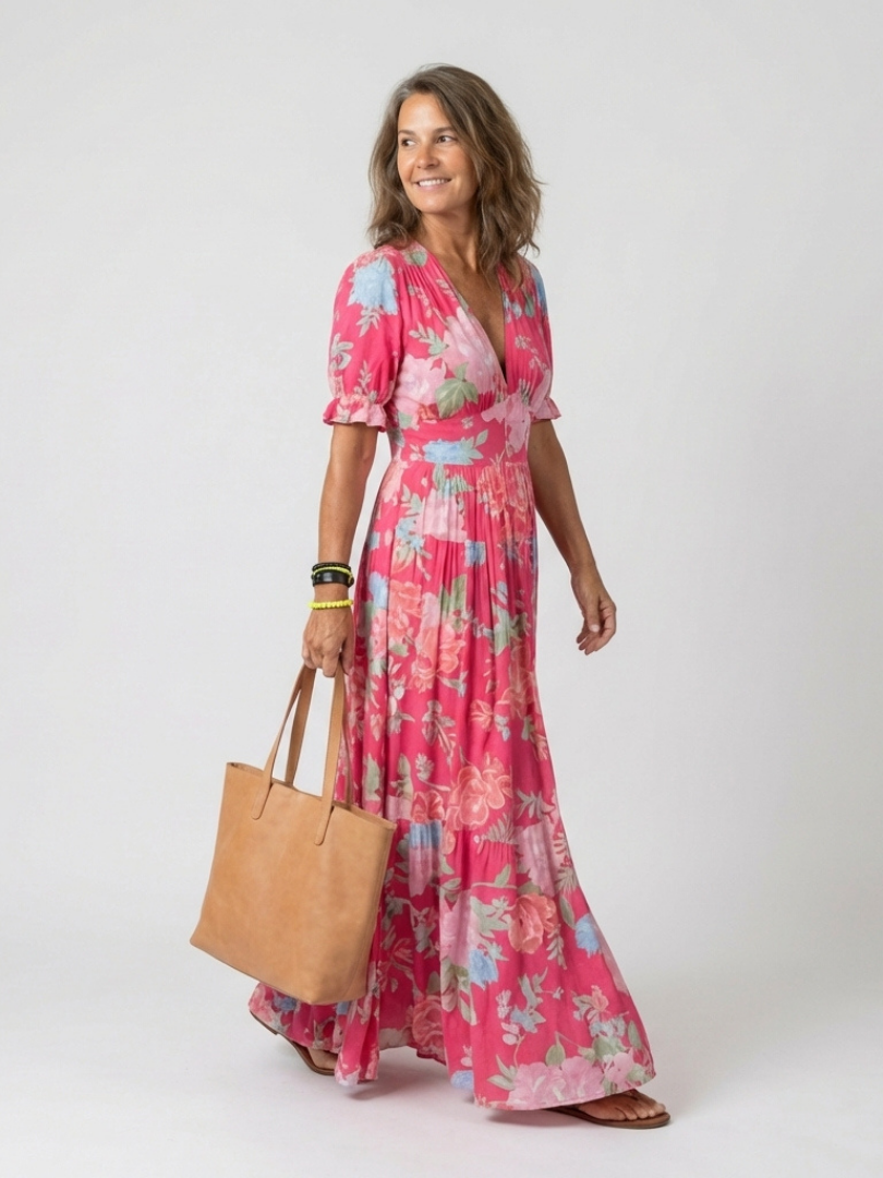 Sabina | Floral V-Neck Sleeveless Midi Dress with Flowy Skirt for Women
