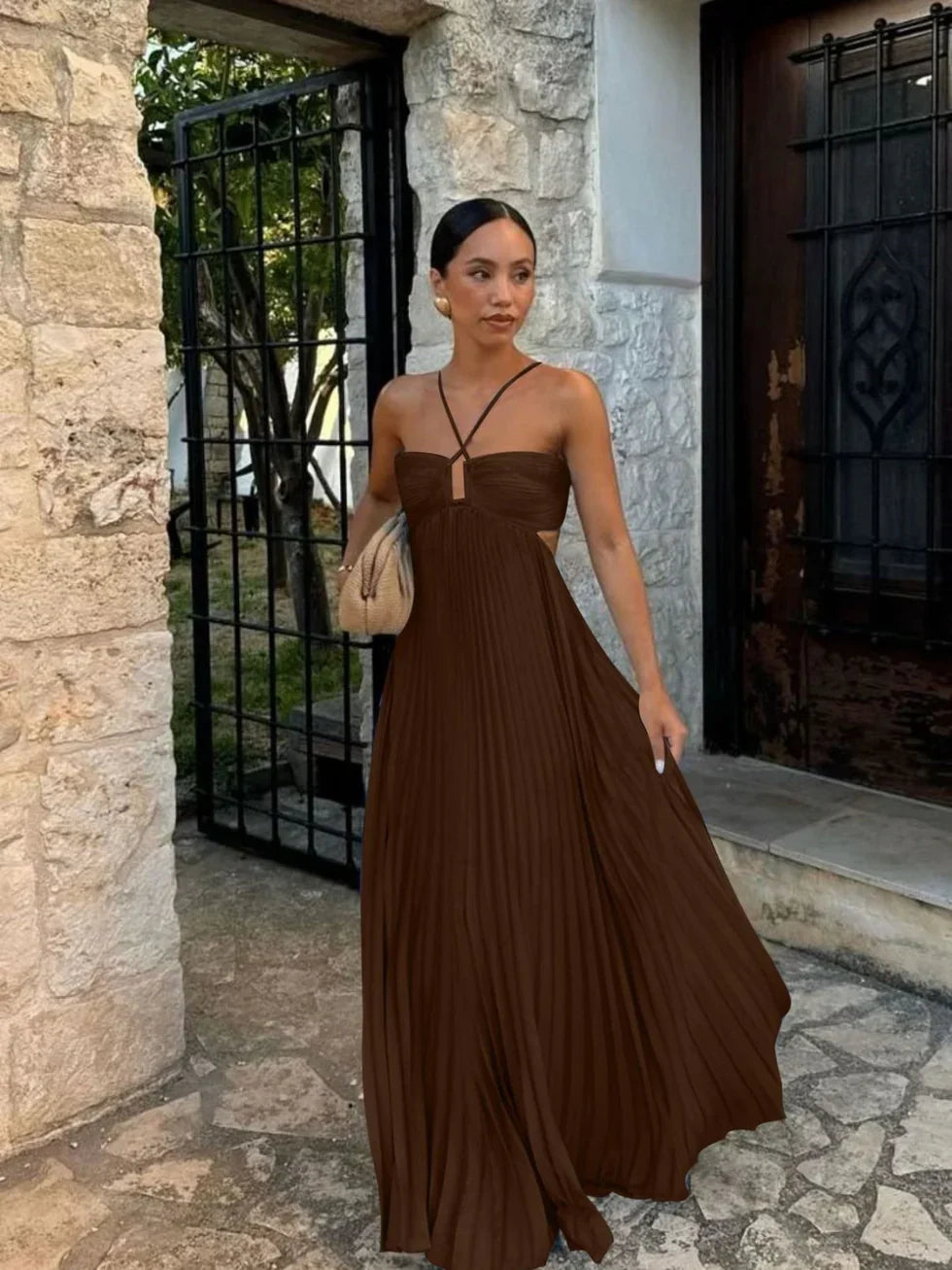 PLEATED HALTER MAXI DRESS FOR WOMEN
