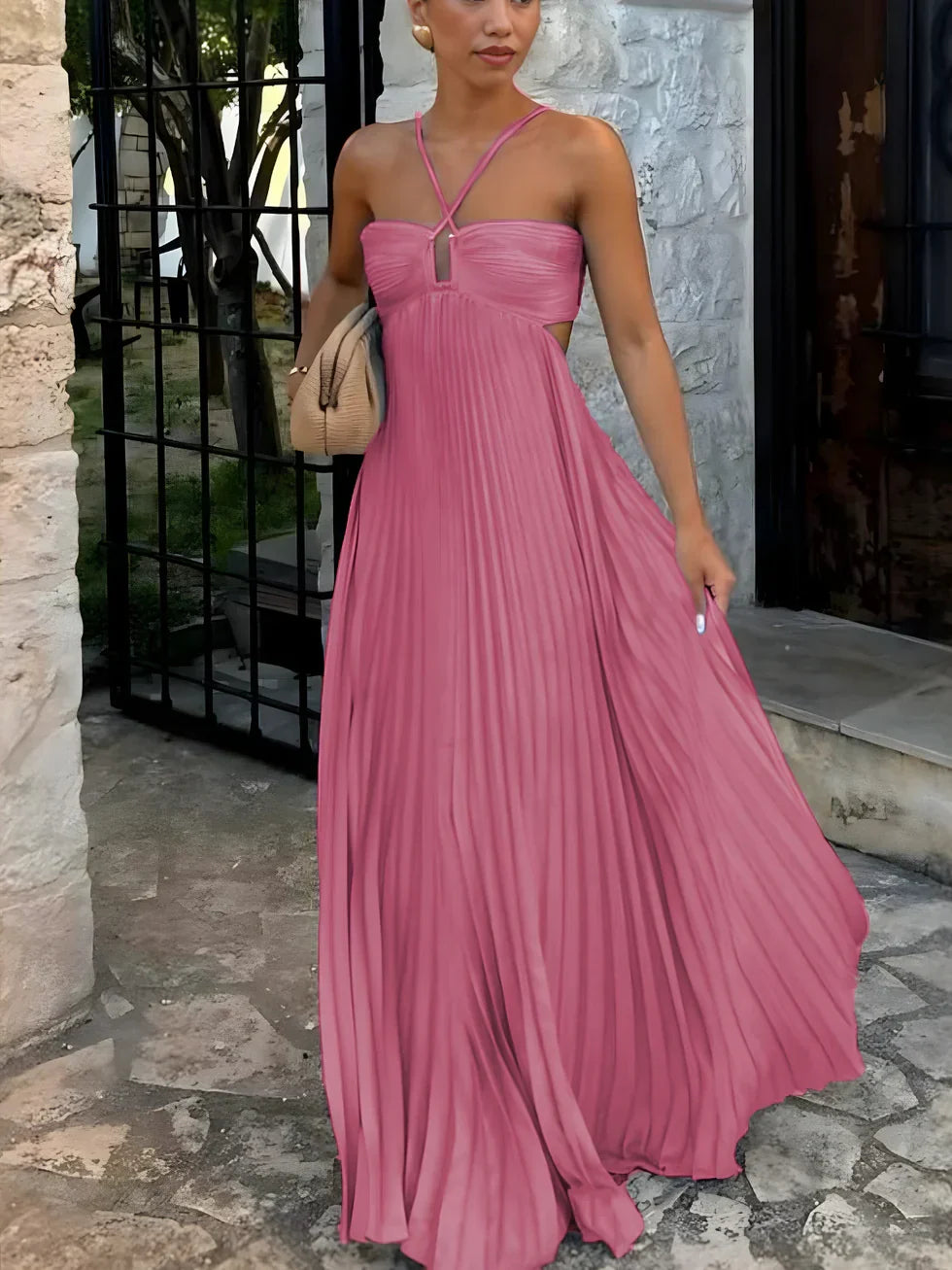 PLEATED HALTER MAXI DRESS FOR WOMEN
