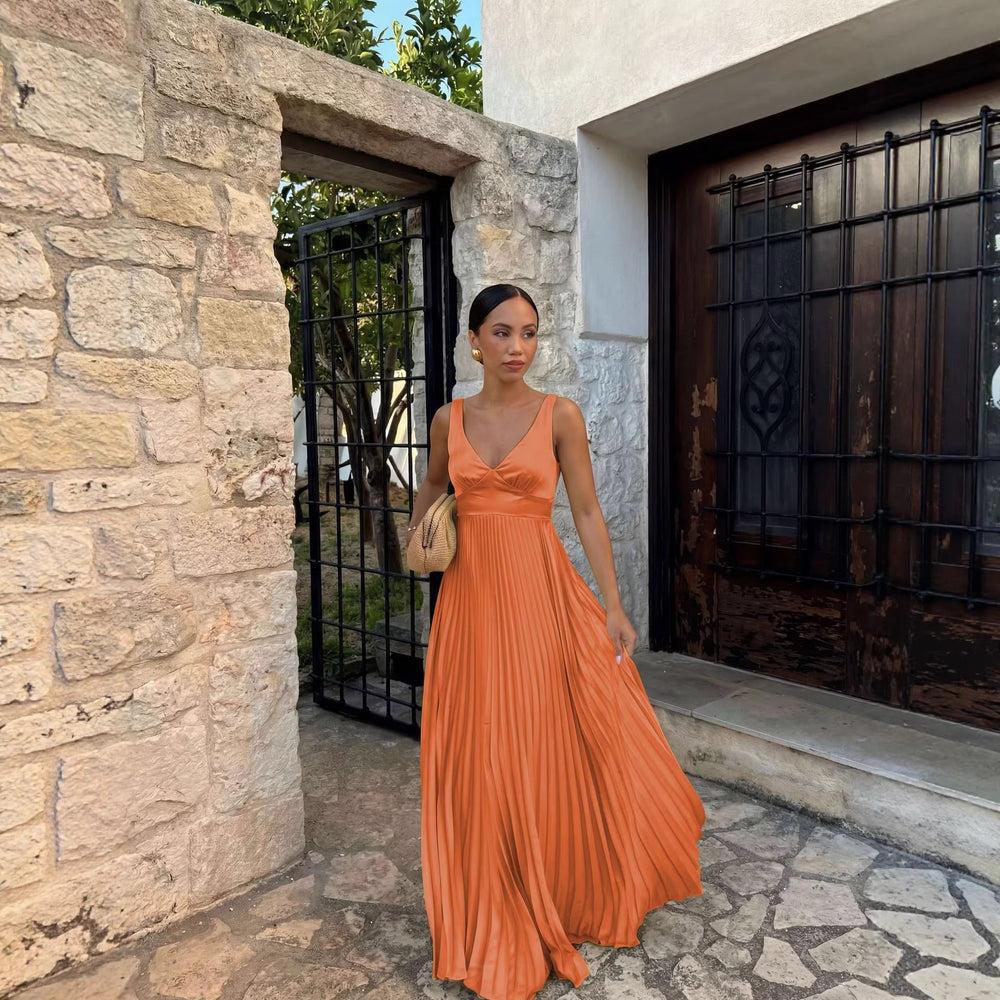 PLEATED V-NECK MAXI DRESS FOR WOMEN