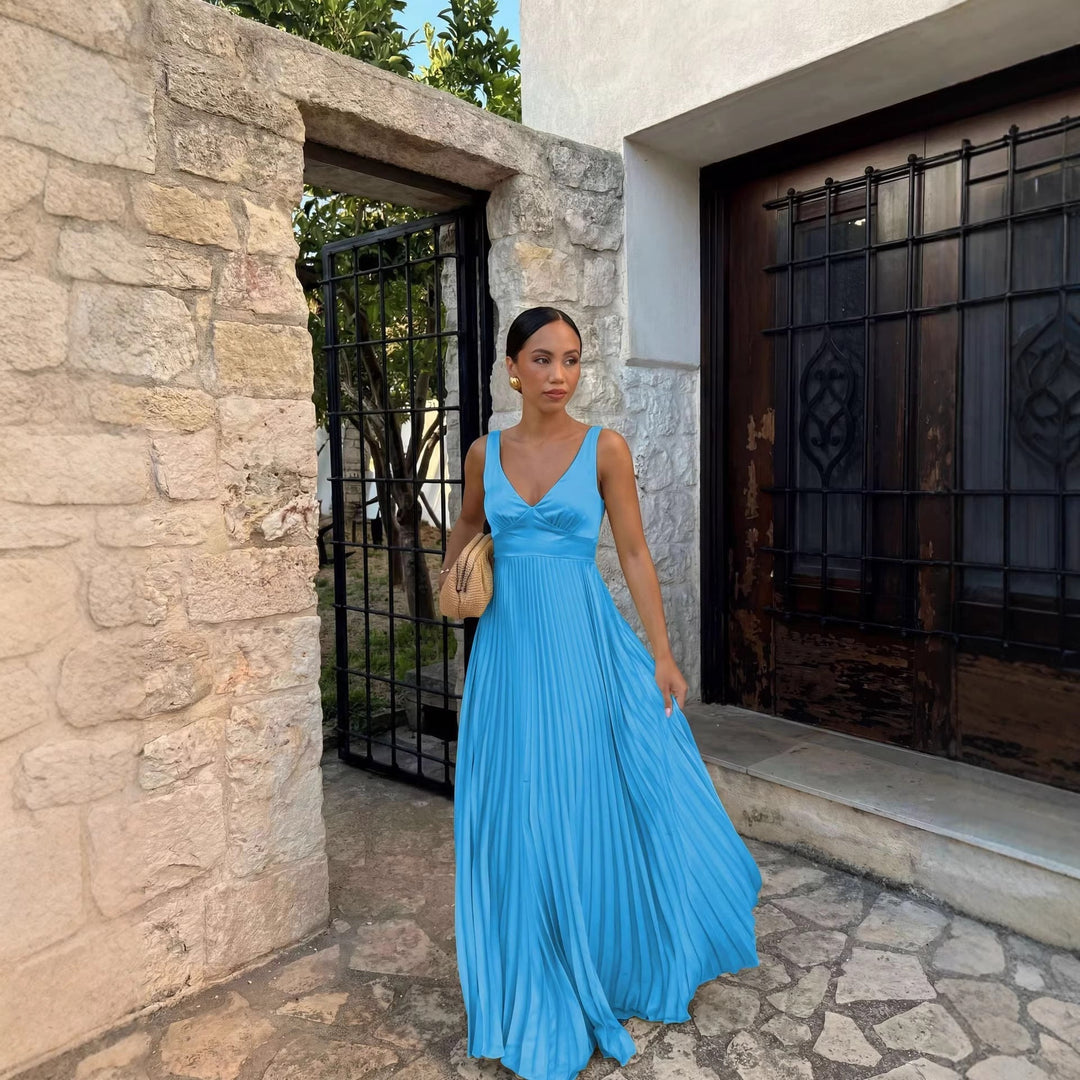 PLEATED V-NECK MAXI DRESS FOR WOMEN