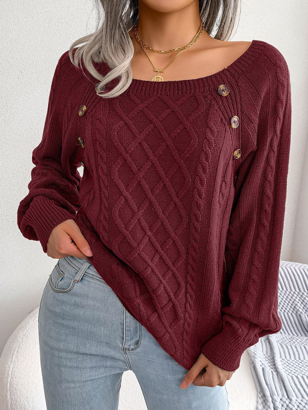 Freya | Woven-Pattern Sweater with Decorative Shoulder Buttons