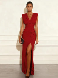 V-NECK SIDE SLIT MAXI DRESS FOR WOMEN