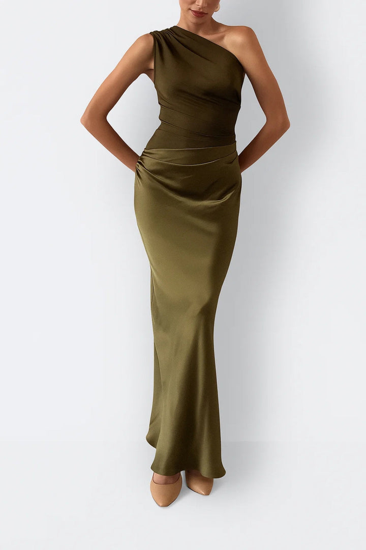ONE SHOULDER PLEATED MAXI DRESS FOR WOMEN
