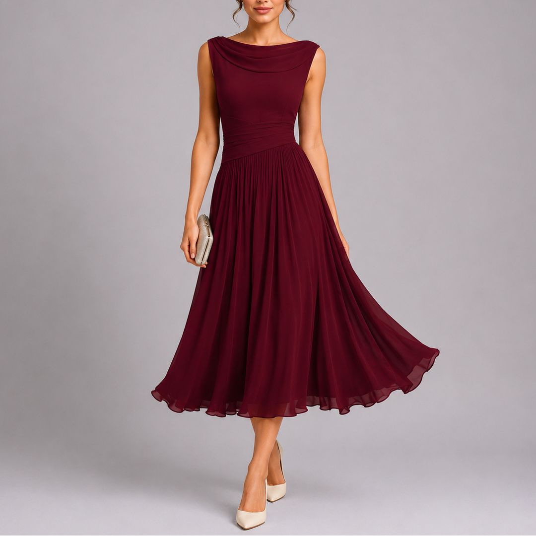 DRAPED NECKLINE PLEATED DRESS FOR WOMEN