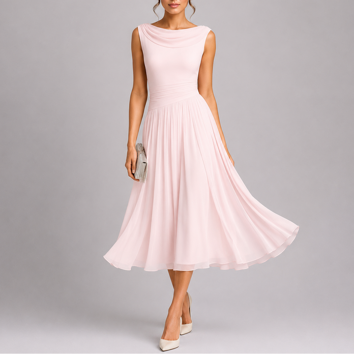 DRAPED NECKLINE PLEATED DRESS FOR WOMEN