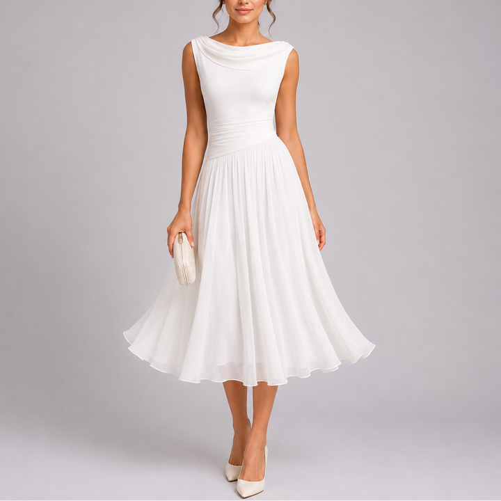 DRAPED NECKLINE PLEATED DRESS FOR WOMEN