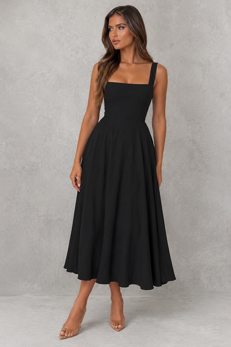 SQUARE NECK A-LINE MIDI DRESS FOR WOMEN