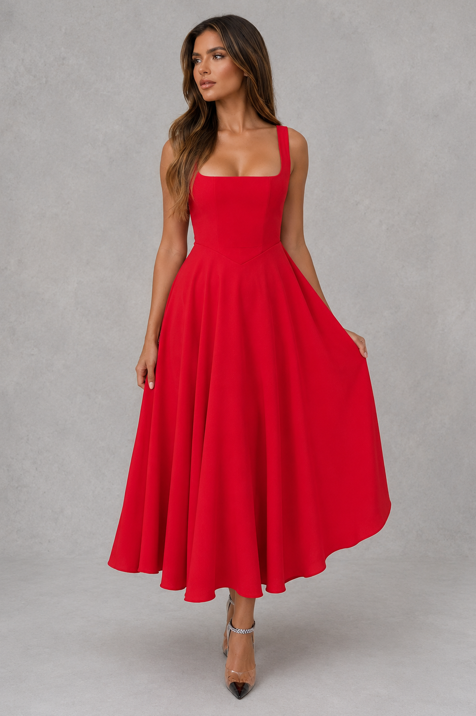 SQUARE NECK A-LINE MIDI DRESS FOR WOMEN