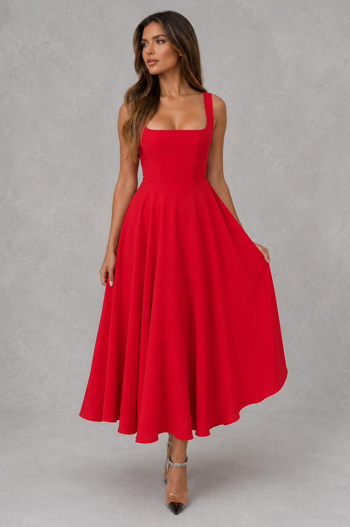 SQUARE NECK A-LINE MIDI DRESS FOR WOMEN