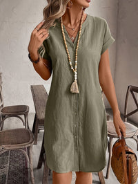 BUTTON-FRONT V-NECK MIDI DRESS FOR WOMEN