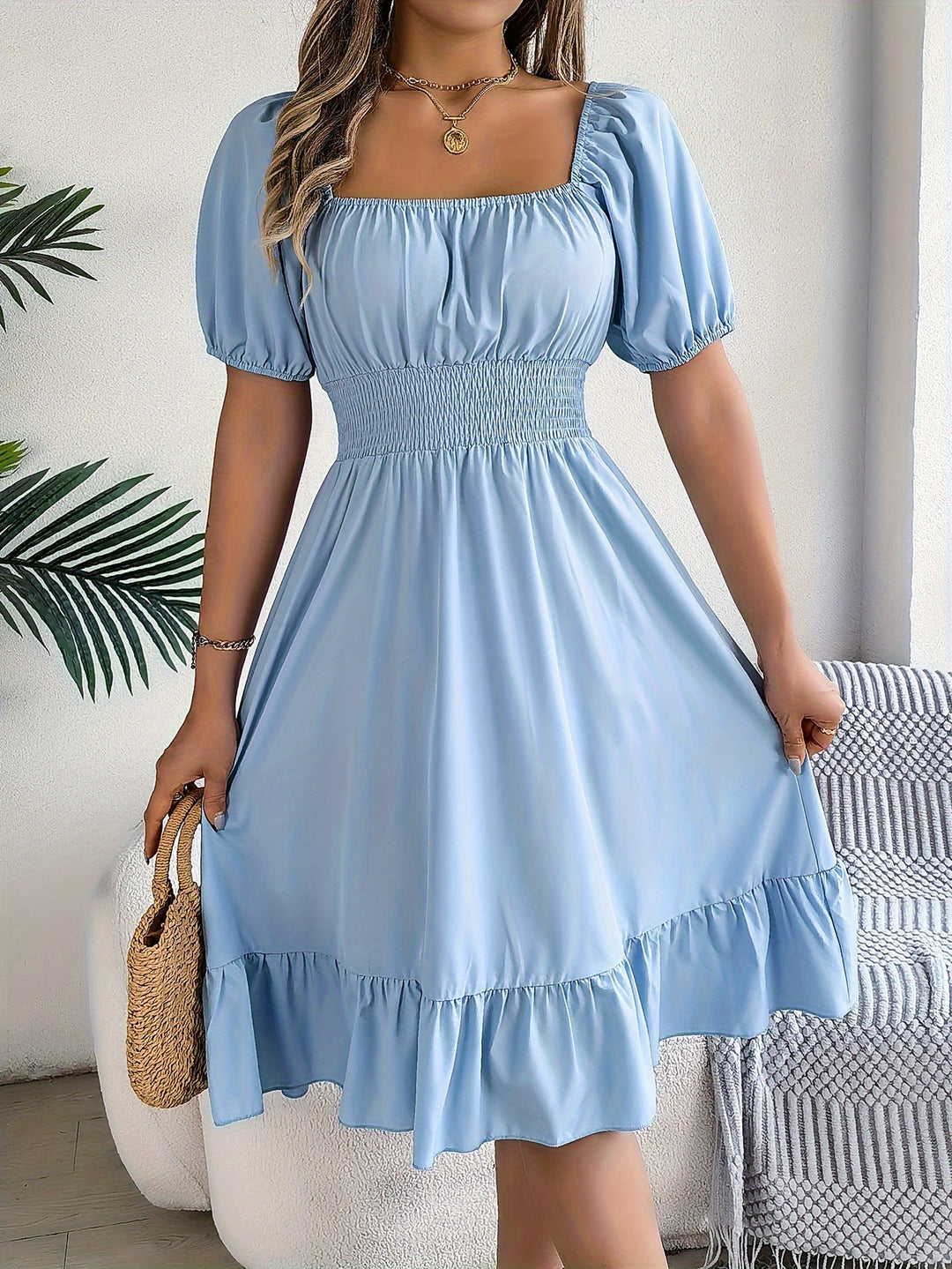 SQUARE NECK RUFFLE HEM DRESS FOR WOMEN