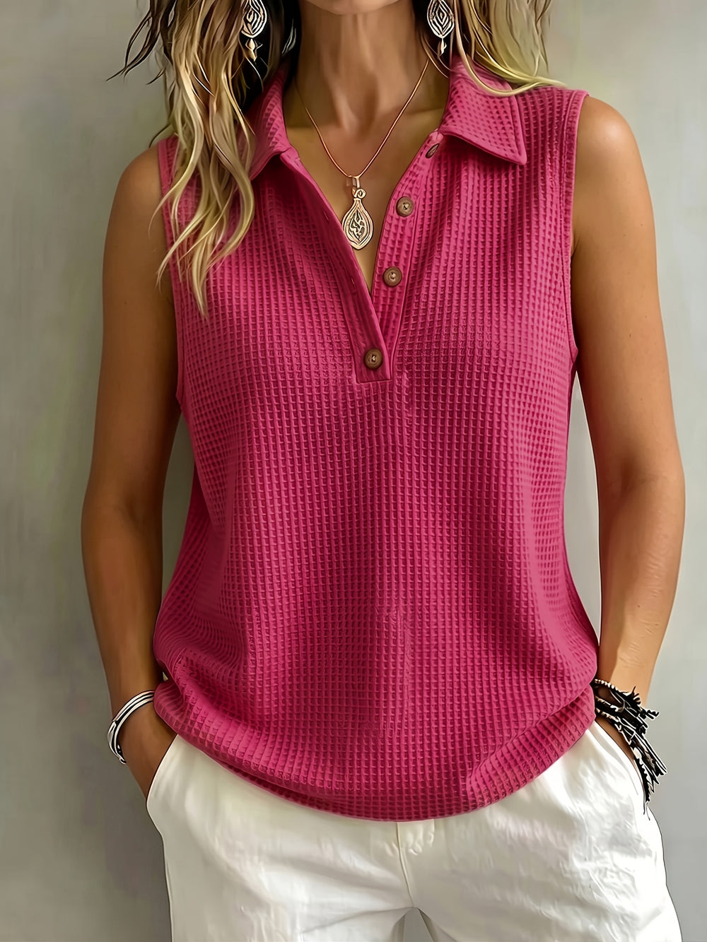 MARISKA WAFFLE KNIT POLO SHIRT FOR WOMEN