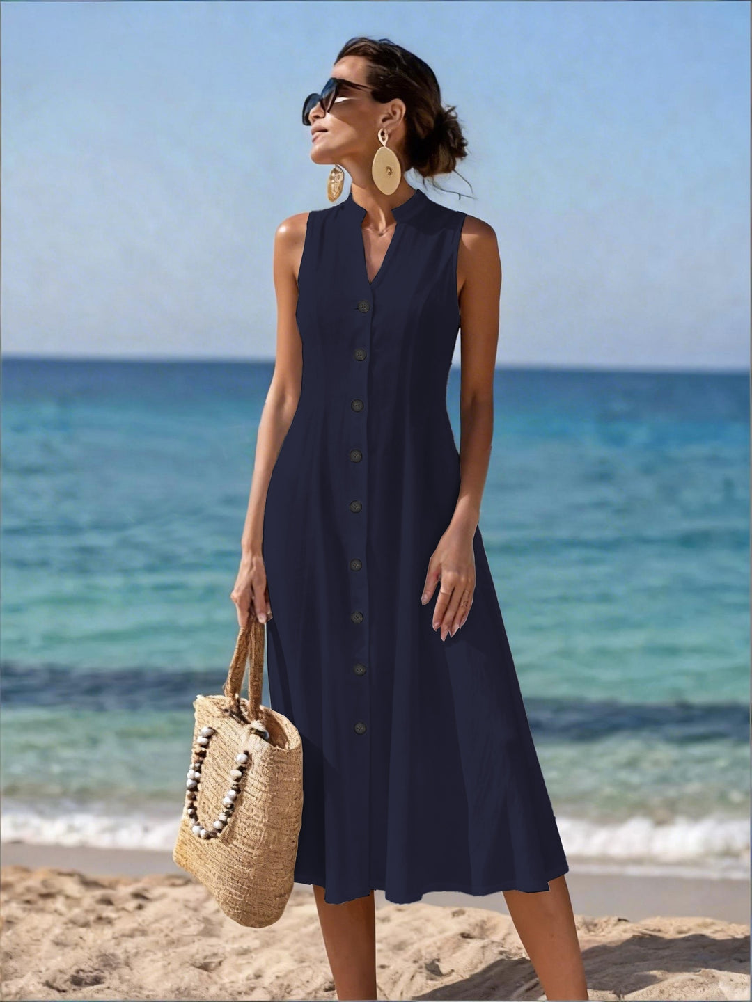 BUTTON-FRONT V-NECK MAXI DRESS FOR WOMEN