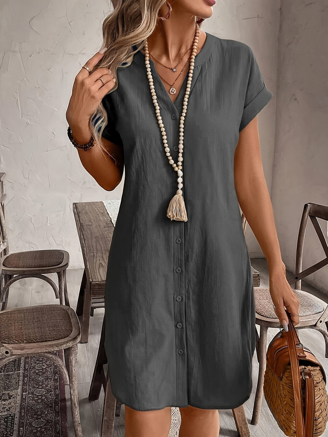 BUTTON-FRONT V-NECK MIDI DRESS FOR WOMEN