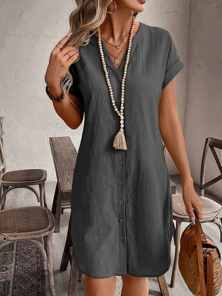 BUTTON-FRONT V-NECK MIDI DRESS FOR WOMEN