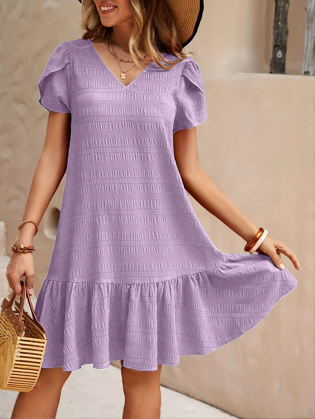 RUFFLE HEM V-NECK DRESS FOR WOMEN