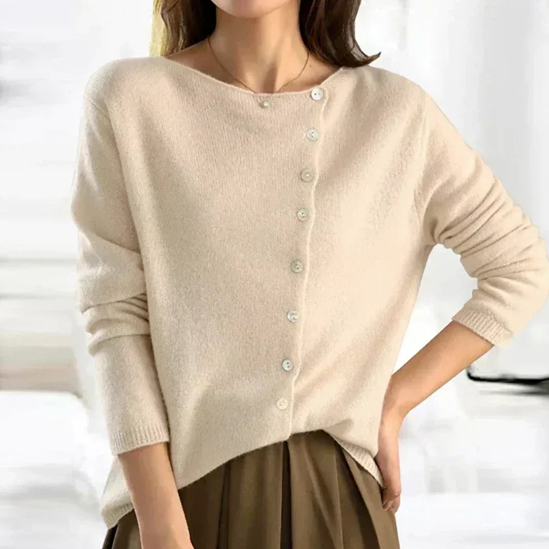 Nadyalise - Ribbed Knit Cardigan with Button Front and Asymmetric Hem