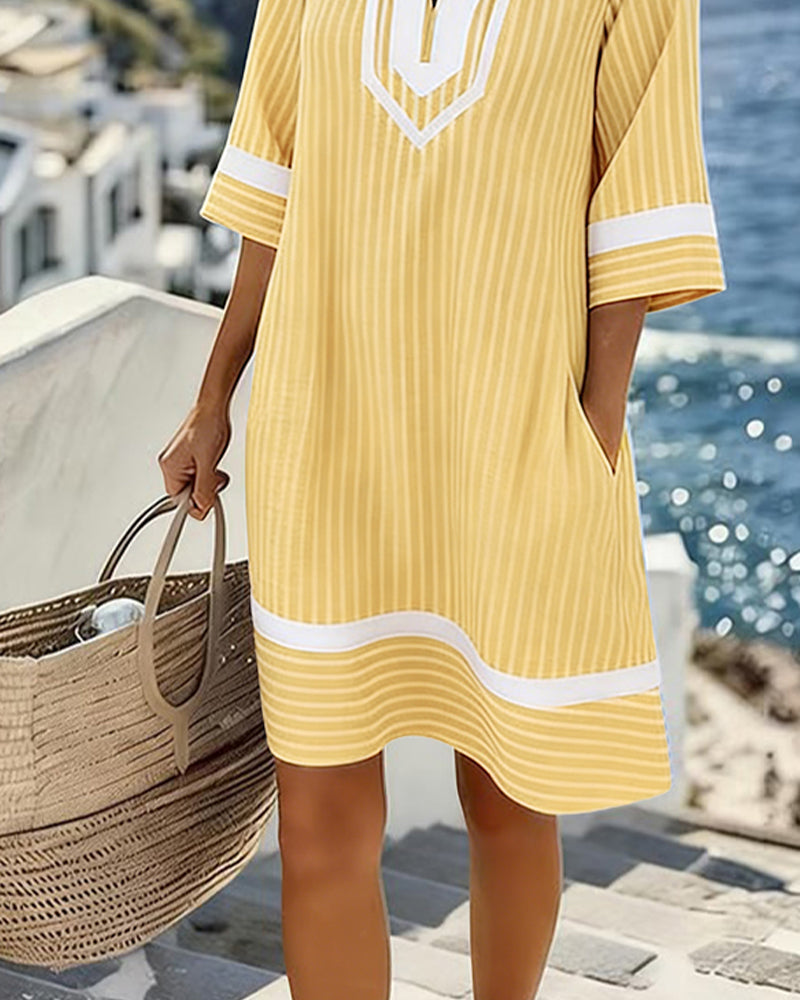 Yvette | Striped V-Neck Shift Dress with Short Sleeves and Pockets for Women
