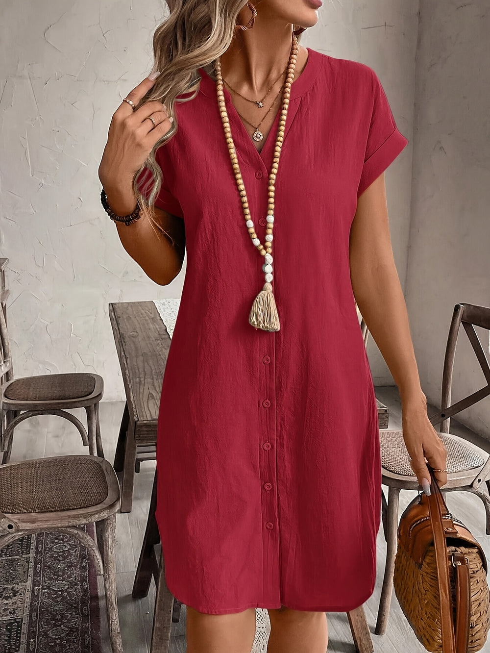 BUTTON-FRONT V-NECK MIDI DRESS FOR WOMEN
