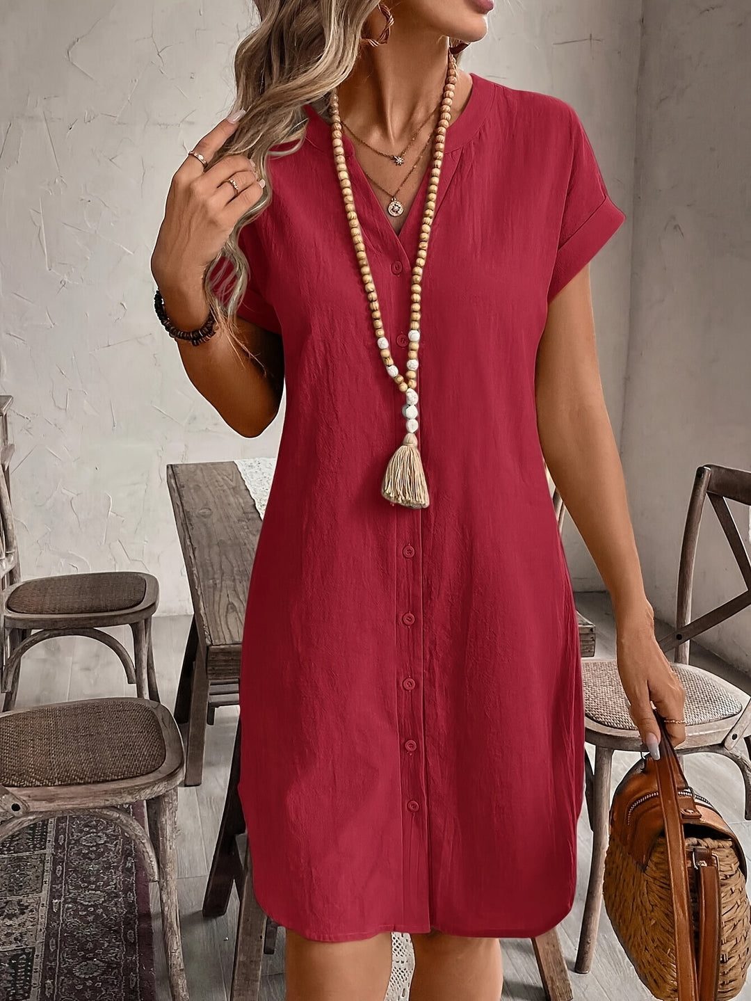BUTTON-FRONT V-NECK MIDI DRESS FOR WOMEN