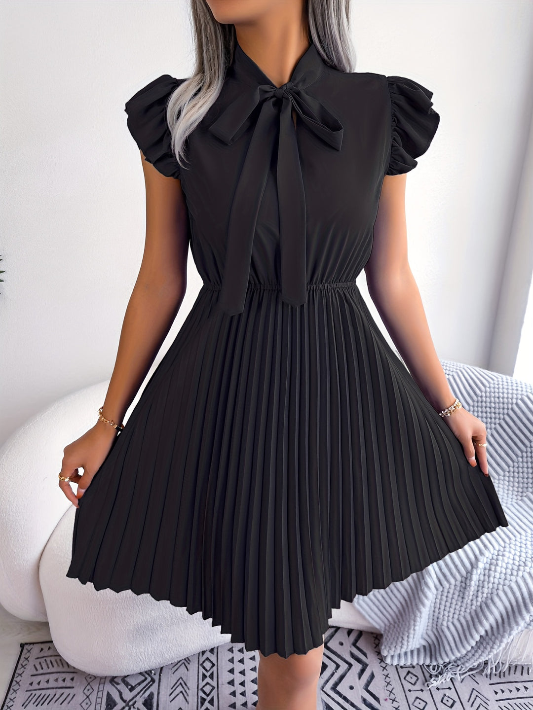 BOW-TIE PLEATED DRESS FOR WOMEN
