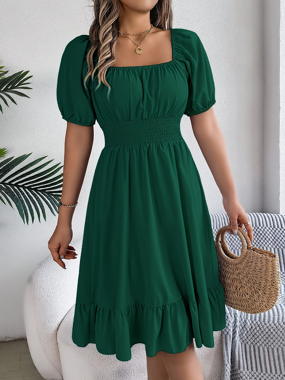 SQUARE NECK RUFFLE HEM DRESS FOR WOMEN