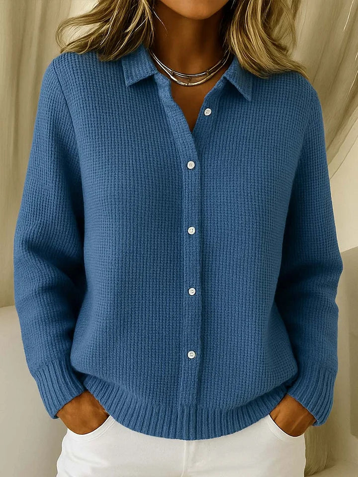 Veerle Ribbed Button-Front Cardigan with Shirt Collar for Women
