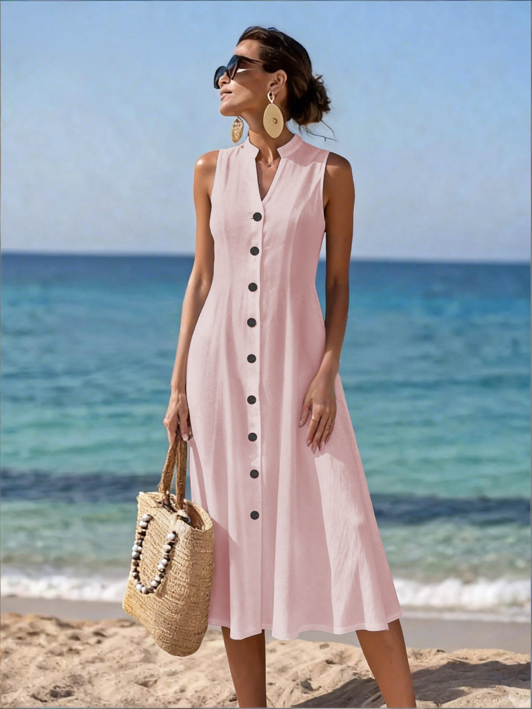 BUTTON-FRONT V-NECK MAXI DRESS FOR WOMEN