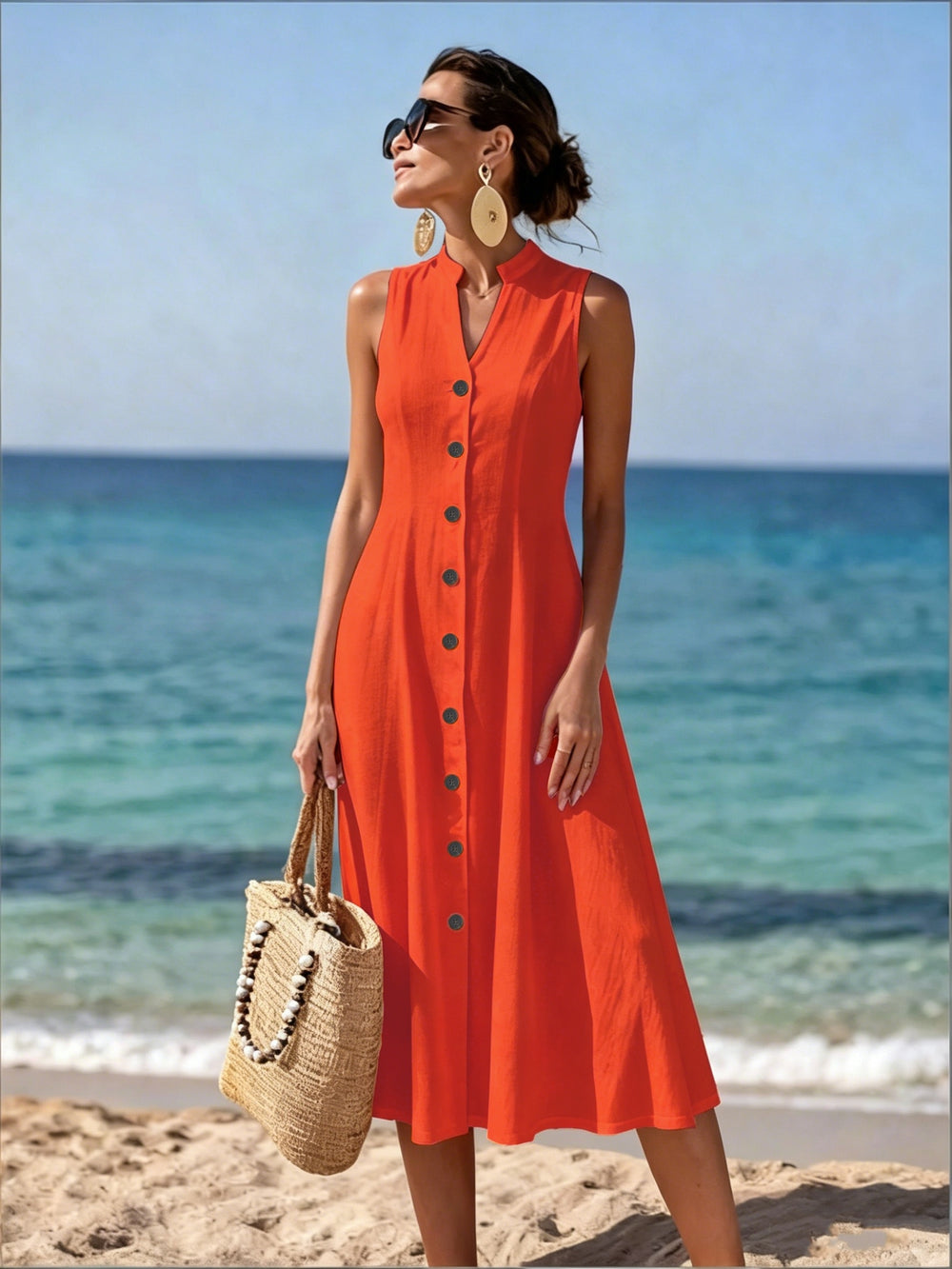 BUTTON-FRONT V-NECK MAXI DRESS FOR WOMEN