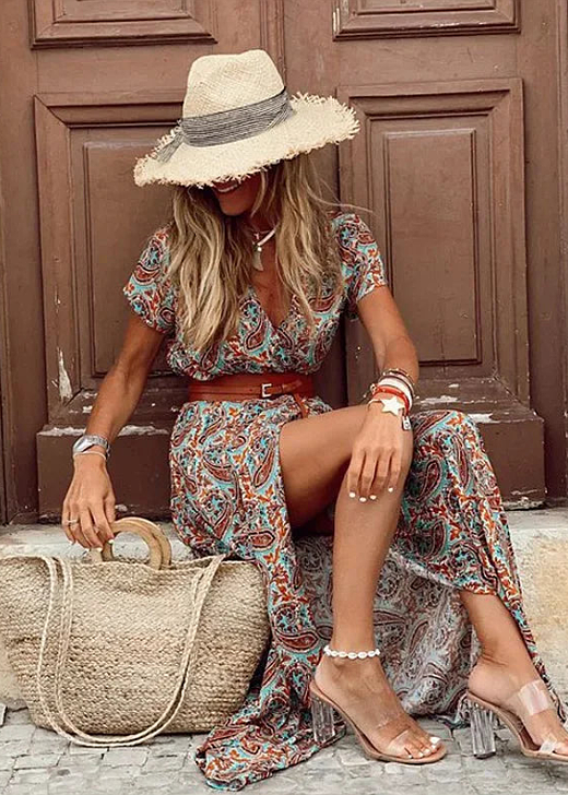 Zara | Wrap V-Neck Maxi Dress with Flutter Sleeves for Women