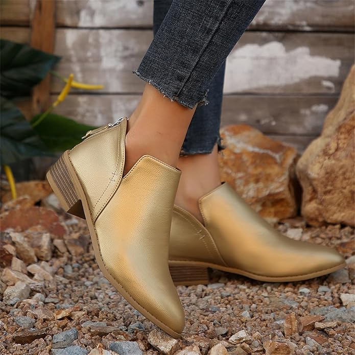 Bianca | Pointed Toe Ankle Boots with V-Cut Out and Block Heel